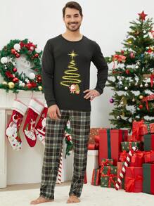 2 Pezzi Set Pigiama Natalizio da Uomo, Maglietta a Maniche Lunghe con Stampa Albero di Natale Magico e Quadri, Pantaloni Lunghi, Tuta Comoda da Casa per le Feste, Abbigliamento Autunno Inverno per Coppie - nero - Visualizzare 5