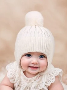 1 件装女婴新生儿幼儿绒球针织帽冬季保暖粉色可爱儿童帽子户外配饰婴儿无檐便帽 - 1PC - 查看 9