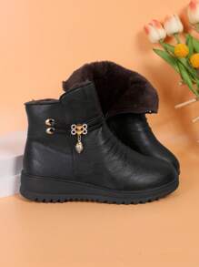 Botas de entrecasa con forro de algodón, nuevas botas cortas de suela blanda y tacón bajo de piel suave para mujeres de mediana edad, para otoño/invierno
