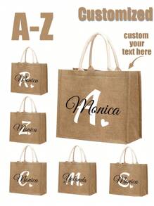 Bolso de mano de lino personalizado con flor, letra y corazón, bolsa de regalo personalizada, bolso tote de gran capacidad y diseño único, ligero - Caqui - Ver 1