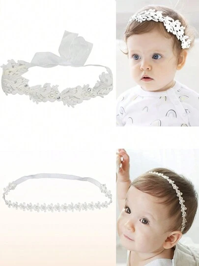 2pcs Elegant White Flower Christening Headbands For Girl, Elastic Soft Lace With Cute Tulle Pearl Hair Strap, Stretchy Baptism Halo For Pure For Girls (2 Packs 18-20in)