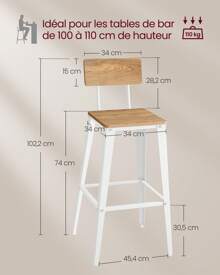 VASAGLE Tabouret Bar Industriel, Lot de 4, Chaise Bar Cuisine, avec Dossier, Cadre en Acier, Montage Facile, Style Industriel, Marron Rustique et Noir/Marron Blé et Blanc Nuage/Noir Cendré et Noir d'Encre - Blanc - Voir 5