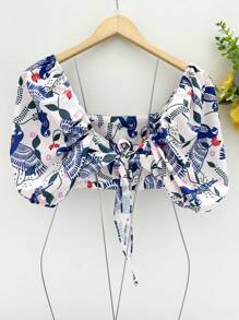 Women's Simple Casual Short Sleeve Crop Top With Multicolor Print - 藍白色 - 查看 3
