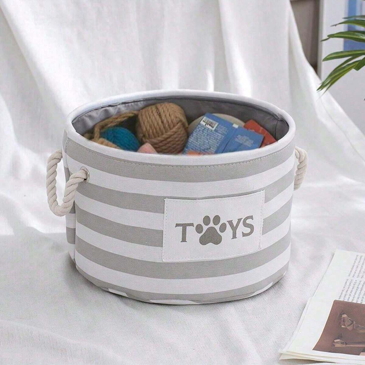 1pc Foldable Striped Pet Toy Basket, A Dog Toy Storage Box With A