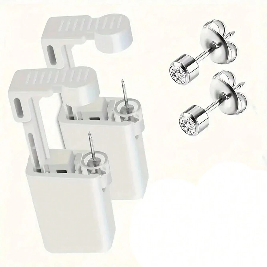 2 PCS Self Ear Piercing Gun Kit With Built In 3mm 4mm White Stud Ear