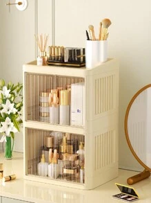 1pc Foldable Double-Door White Drawer Storage Box, Multi-Layer Organizer Rack For Stationery, Cosmetics, Skincare At Home - Multicolor - View 6