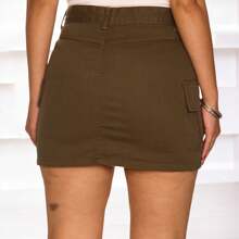 Women's Fashion Cargo Jeans Mini Skirt With Pocket - 軍綠色 - 查看 4