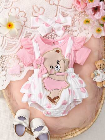 Baby Girls' Bishop Sleeve Open Back Striped Cap Sleeve Patchwork Cartoon Bear Applique Bow Polka Dot Full Print Double-Layer Dress With Headband