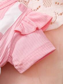 女宝宝主教袖露背条纹盖袖拼布卡通熊贴花蝴蝶结波尔卡圆点全印花双层连衣裙（带头带） - 彩色 - 查看 6