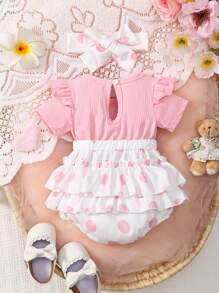 女宝宝主教袖露背条纹盖袖拼布卡通熊贴花蝴蝶结波尔卡圆点全印花双层连衣裙（带头带） - 彩色 - 查看 2