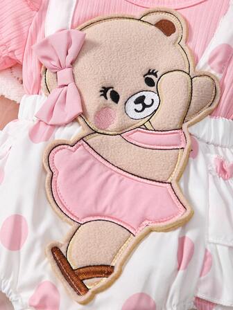 Baby Girls' Bishop Sleeve Open Back Striped Cap Sleeve Patchwork Cartoon Bear Applique Bow Polka Dot Full Print Double-Layer Dress With Headband