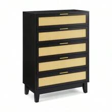 Bedroom 5 Drawer Dresser, Rattan Dresser Modern Wooden Chest Of Drawers With Spacious Storage Space For Bedroom Hallway Living Room - màu đen - Xem 8