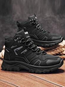 Men's Hiking Boots, New Autumn/Winter Outdoor Adventure Trekking Comfortable Thick Sole Anti-Slip Durable Simplistic Solid Color High-Top Leather Boots For Young Men, Fashionable Personalized Street Snap Black High-Top Sneakers For Men, Outdoor Walking Casual Holiday Travel High-Top Lace-Up Leather Water-Resistant Versatile Retro Motorcycle Boots For Men, Versatile Minimalist Work Boots For Men - Black - View 2