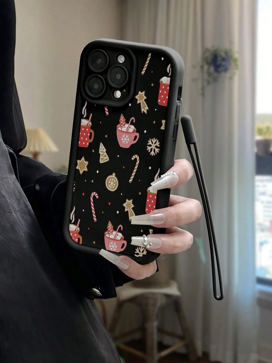 全新醒目的黑色圣诞图案和黑色硅胶腕带防震手机壳兼容 iPhone 15、P14 Pro Max、P13、P11、P12 防摔、卡通 7/8 代 - 彩色 - 查看 1