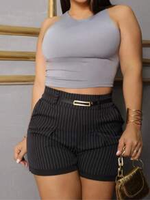 Women's Striped Tailored Shorts, Short, Side Pockets, With Belt. - 黑色 - 查看 1