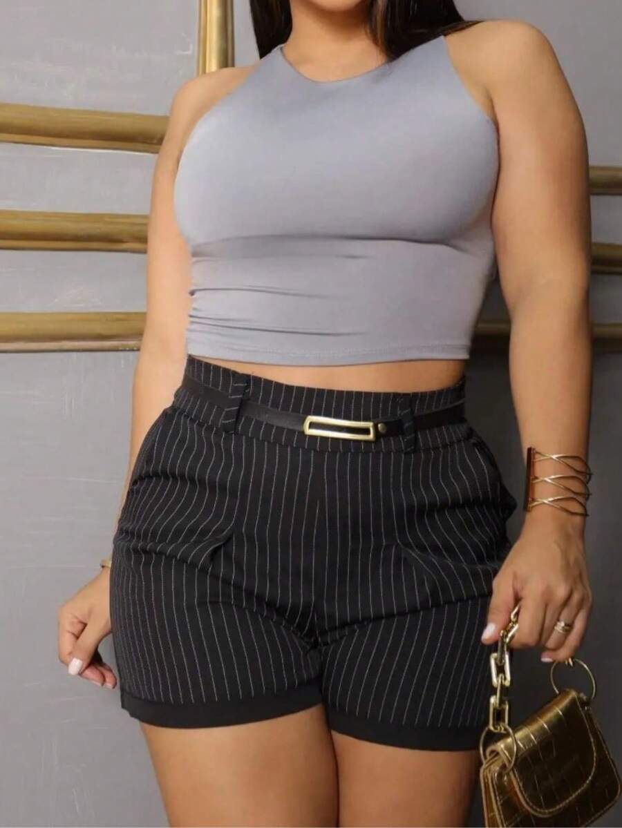 Women's Striped Tailored Shorts, Short, Side Pockets, With Belt. - 黑色 - 查看 1