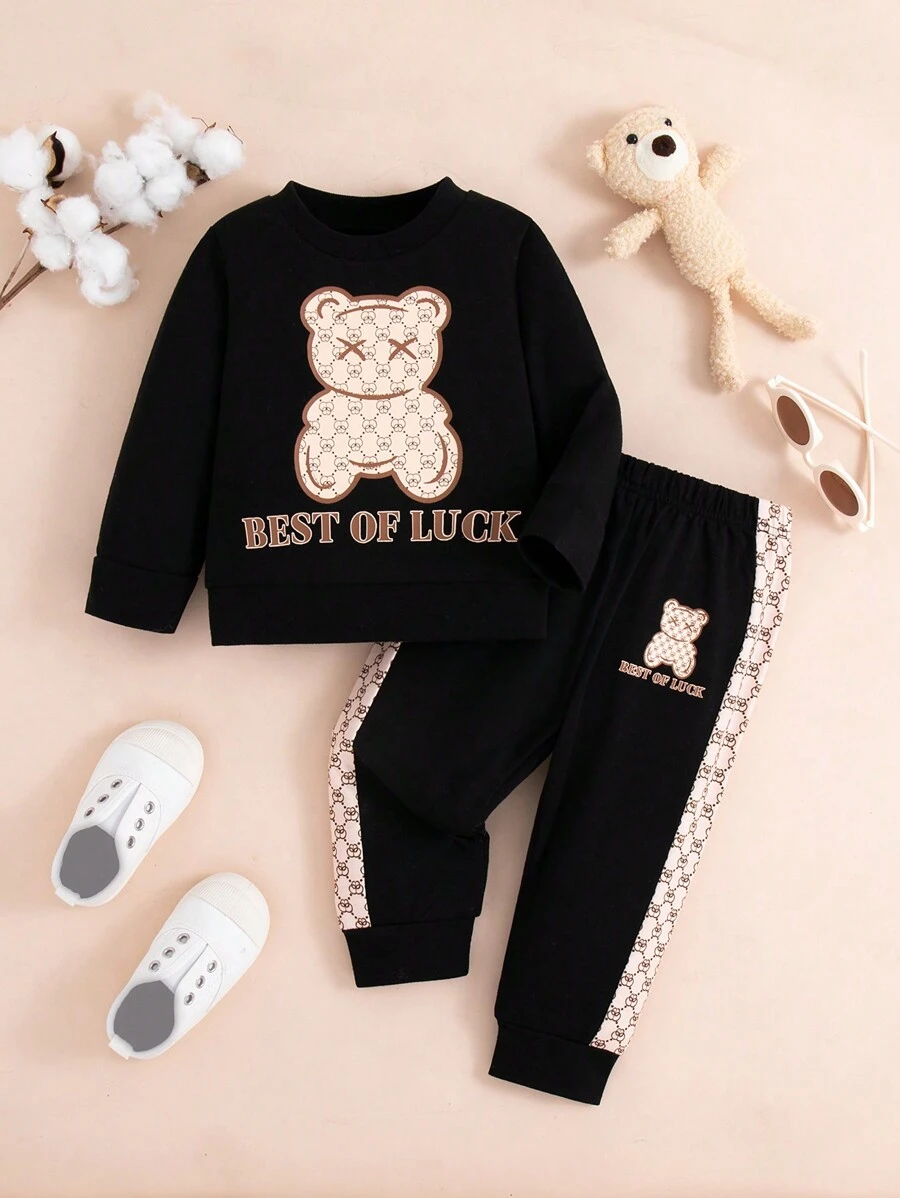 2Pcs/Set Baby Boys Bear & Letter Print Sweatshirt + Patchwork Casual Pants Outfit