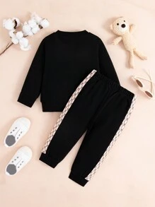 2Pcs/Set Baby Boys Bear & Letter Print Sweatshirt + Patchwork Casual Pants Outfit