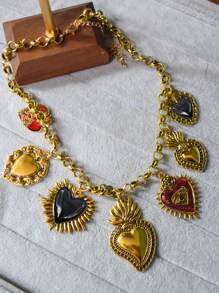 Cuier 1 件复古多串心形吊坠项链仿珍珠哥特式粗链个性项链防银红黑万圣节珠宝礼物情人节、妈妈、母亲、母亲节、礼物 - Charm Necklace - 查看 1