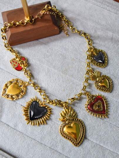 Cuier 1PC Vòng cổ mặt dây chuyền hình trái tim nhiều mặt cổ điển, ngọc trai giả, vòng cổ chuỗi to bản phong cách Gothic, chống bạc, đỏ đen, quà tặng trang sức Halloween cho ngày lễ tình nhân, mẹ, mẹ, ngày của mẹ, quà tặng