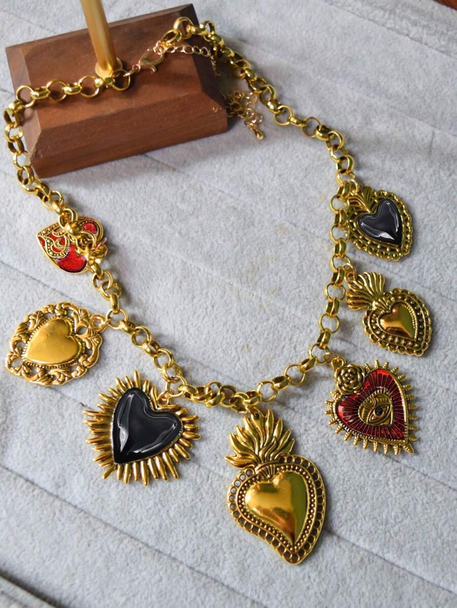 Cuier 1 件复古多串心形吊坠项链仿珍珠哥特式粗链个性项链防银红黑万圣节珠宝礼物情人节、妈妈、母亲、母亲节、礼物 - Charm Necklace - 查看 1