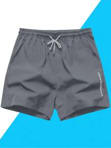 2 件男士抽绳跑步短裤，透气运动健身短裤，带口袋和图案印花，适合日常穿着 - 灰色 - 查看 3