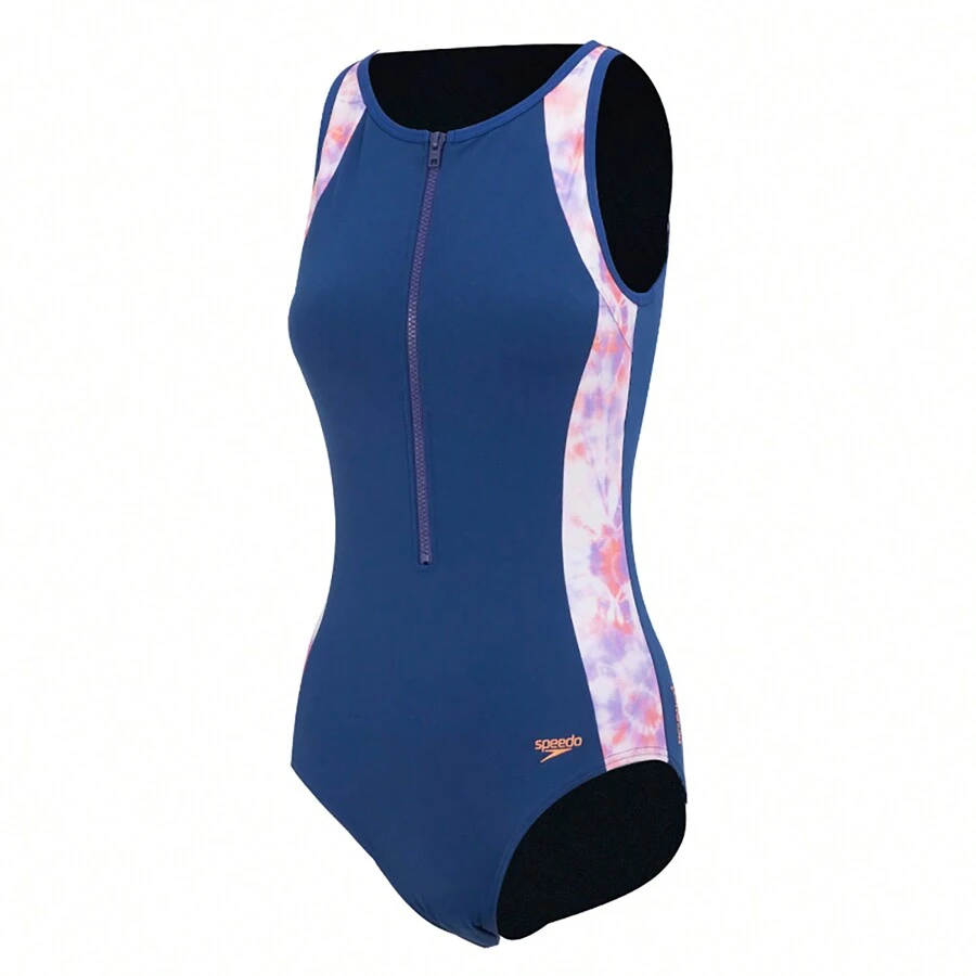 Speedo 女士连体泳衣，时尚运动泳装，舒适的温泉泳衣 - 斑彩螺藍/珊瑚橘/邁阿密淡紫色 - 查看 1