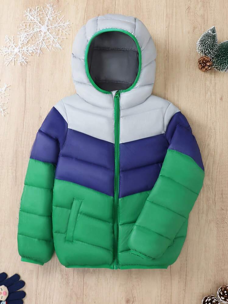 Young Boy Colorblock Hooded Zipper Pocket Padded Coat, Winter - Multicolor - View 1