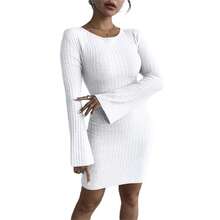 Women Knitted Sweater Dress Casual Solid Color Long Sleeve Bodycon Party Mini Dress For Beach Cocktail Club Streetwear - 白色 - 查看 1