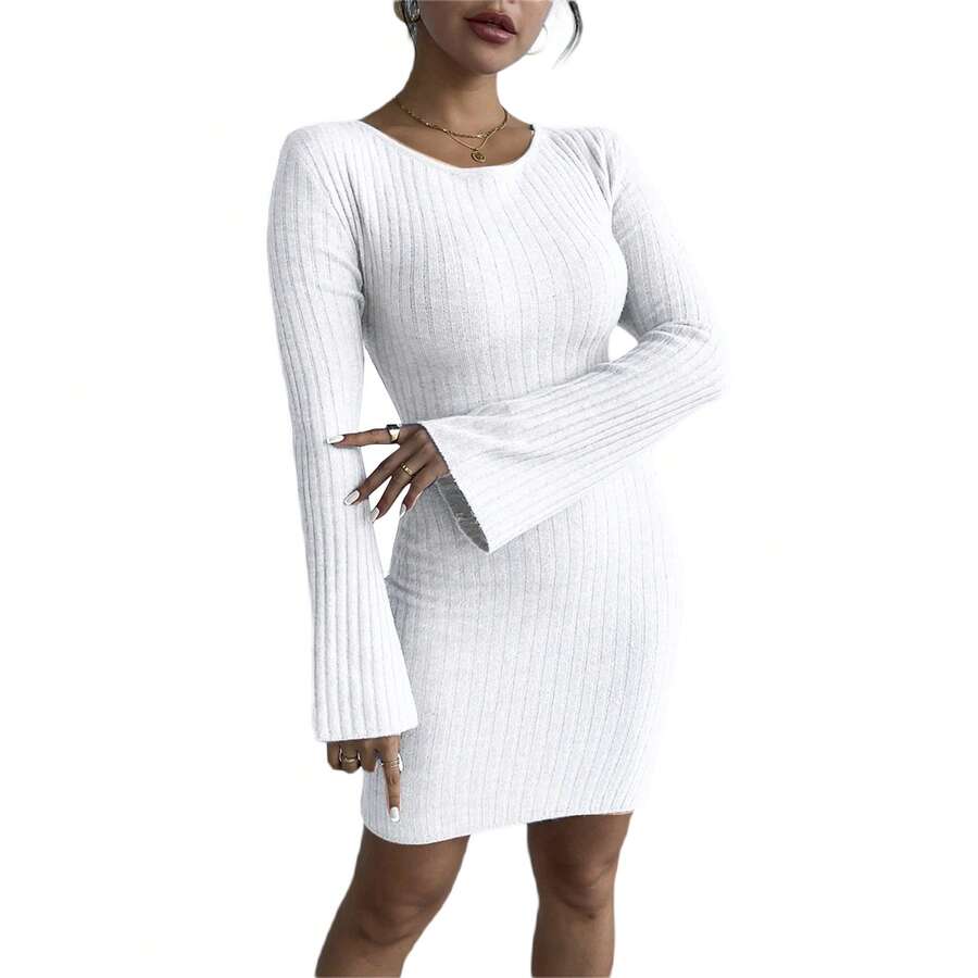 Women Knitted Sweater Dress Casual Solid Color Long Sleeve Bodycon Party Mini Dress For Beach Cocktail Club Streetwear - 白色 - 查看 1