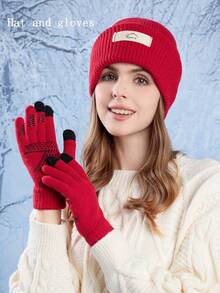 二合一女士针织帽和触屏手套套装，休闲拉法帽，羊毛保暖，适合滑雪和骑自行车等户外运动，日常使用 - A - 查看 12
