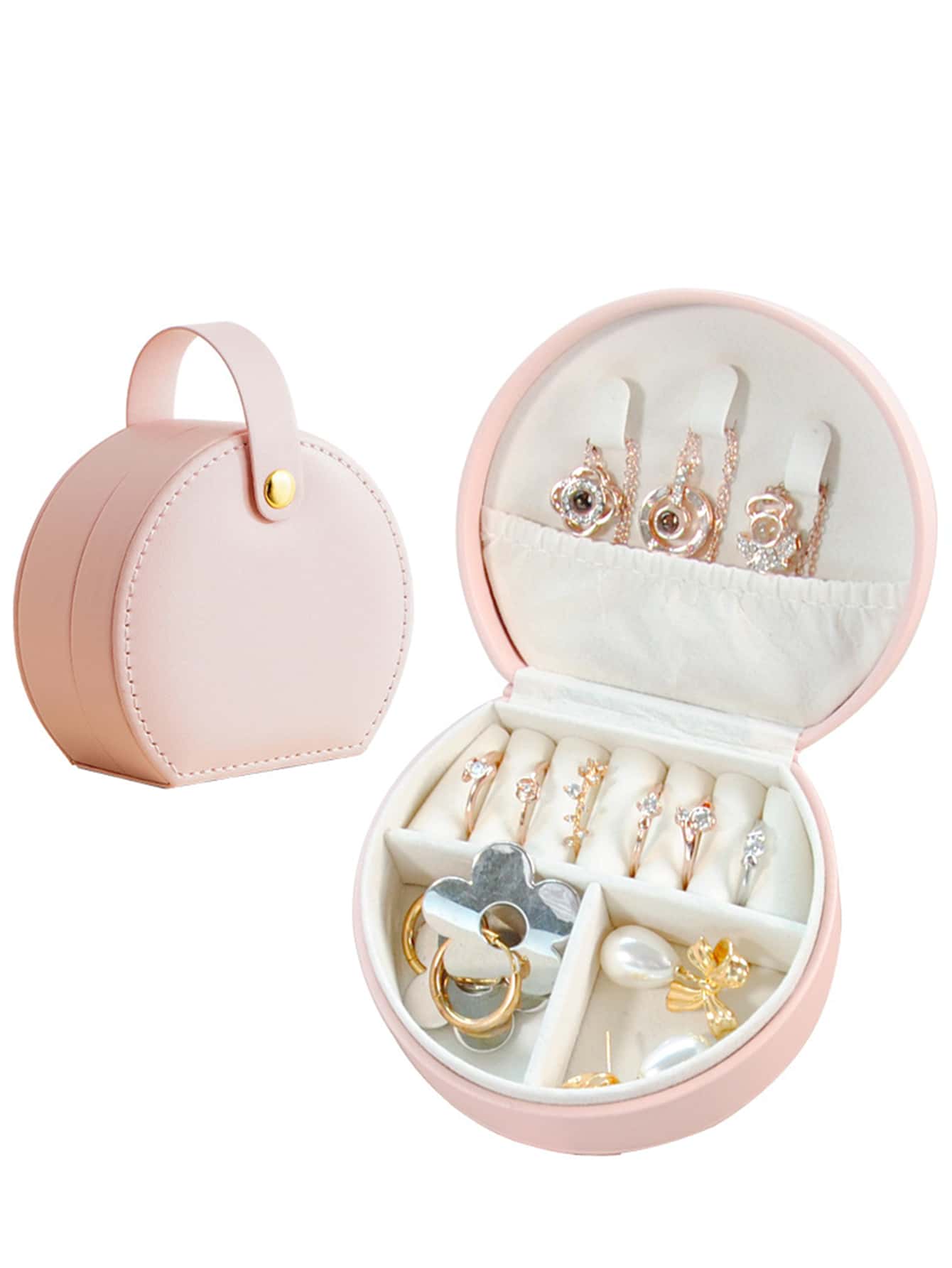 1 件便携式珠宝盒，简约家居珠宝收纳盒，女士旅行收纳盒，拉链袋耳环戒指手镯化妆包，贴心节日礼物，伴娘礼物，旅行必备品，双层迷你收纳盒 - 粉色 - 查看 1