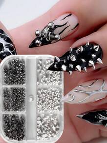FULL BEAUTY 6颗迷你金属铆钉朋克美甲钉，黑银合金扁平美甲铆钉，日式耳环美甲铆钉美甲装饰 - 彩色 - 查看 1