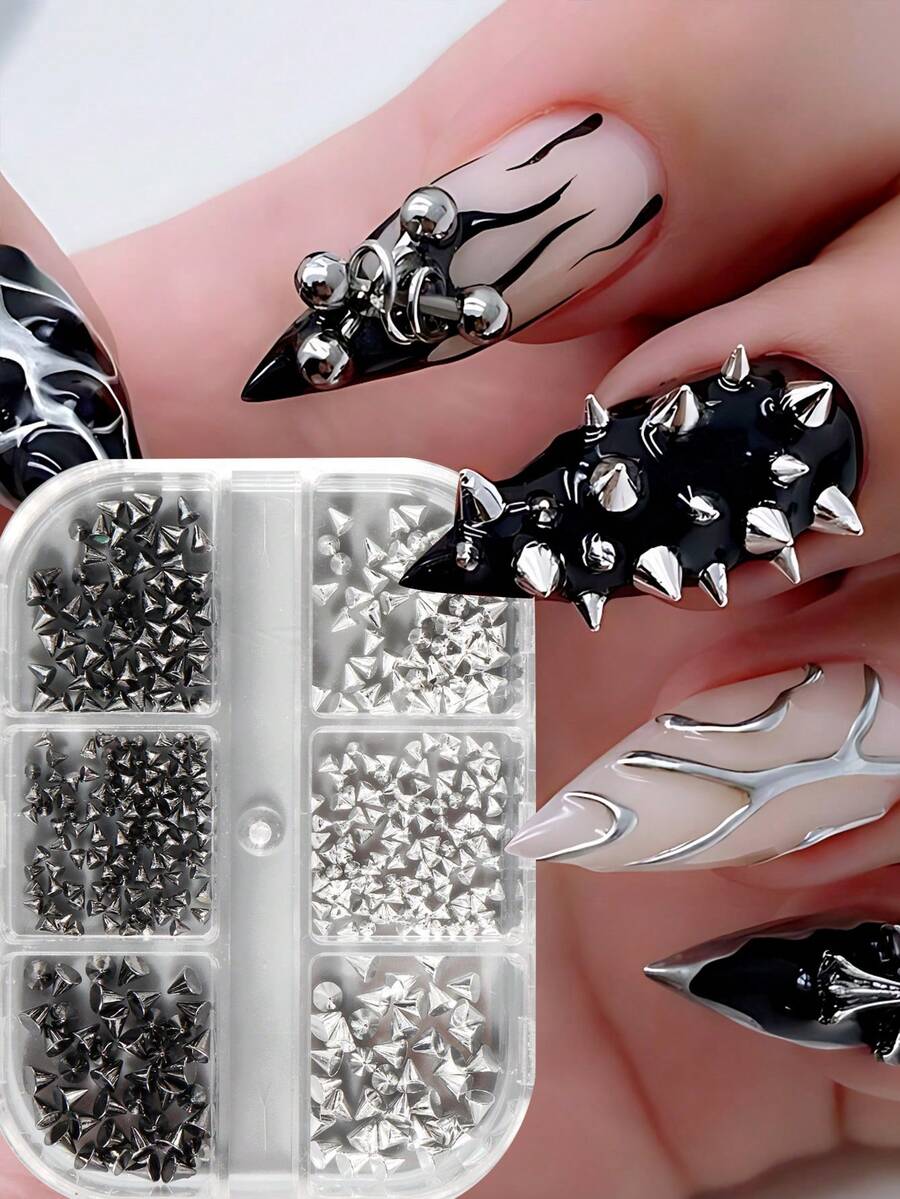 FULL BEAUTY 6颗迷你金属铆钉朋克美甲钉，黑银合金扁平美甲铆钉，日式耳环美甲铆钉美甲装饰 - 彩色 - 查看 1