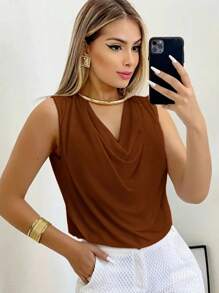 Women's Suplex Tank Top With Simple Boba Collar For Summer - Coffee Brown - View 2