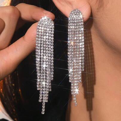 1pair Luxurious Sparkling Crystal Earrings, Fashion Statement Tassel Design Long Earrings, Suitable For Women Party And Daily Wear