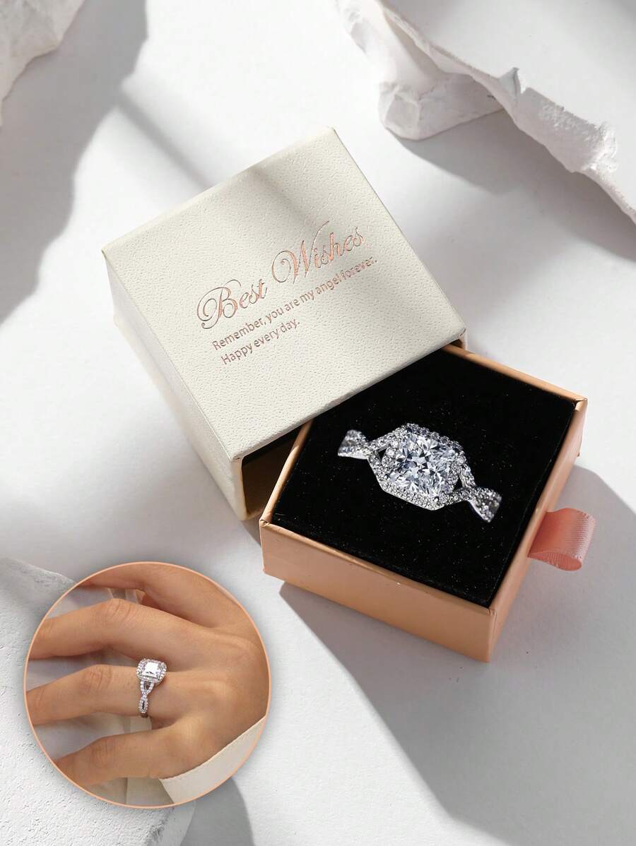 礼盒奢华闪亮链条锆石戒指，时尚女士结婚戒指，订婚礼物圣诞礼物 - 銀色 - 查看 1