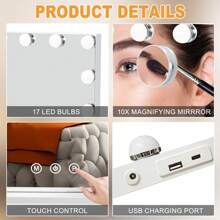 Geschenk 60 x 52 cm Schminkspiegel mit 17 LED-Beleuchtung, USB-Touch, Heimdekoration, Badezimmerzubehör, Schulrückkehrartikel - Weiss - Übersicht 9