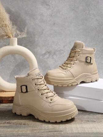 Schnür-Kunstleder-Stiefel mit dicker Sohle & warmer Thermofütterung, Schneestiefel