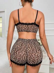 2pcs Light Brown Floral Lace Trim Top And Shorts Sexy Lingerie Set