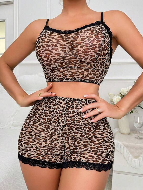 2pcs Light Brown Floral Lace Trim Top And Shorts Sexy Lingerie Set