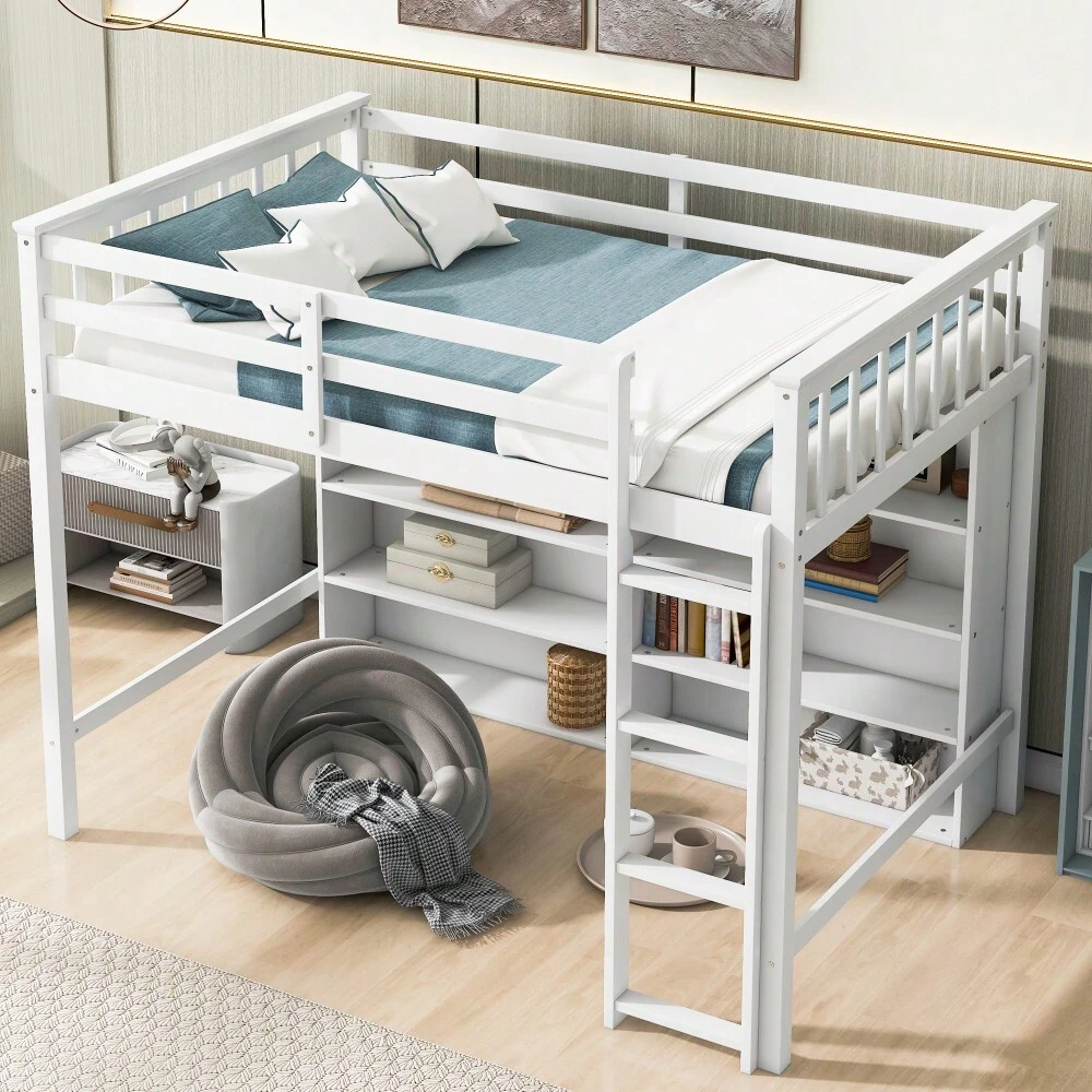 Twin Size Loft Bed With 8 Open Storage Shelves And BuiltIn Ladder