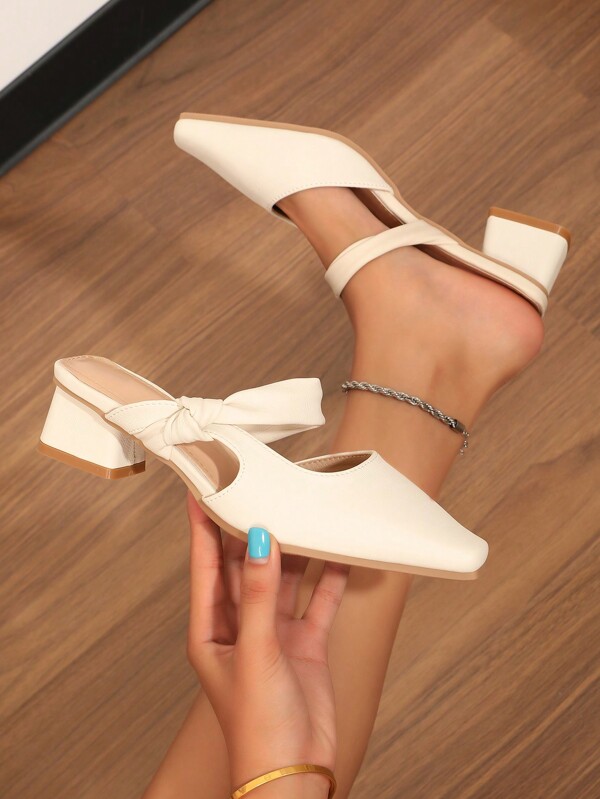 Women Square Toe Slip-On Mules Sandals, Strap Thick Heel Casual Backless Slides For Summer