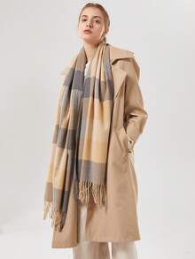 1 件简约格子围巾，经典百搭多功能披肩，冬季保暖女士围巾 - 卡其色 - 查看 8