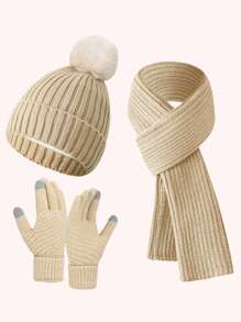 3pcs/Set Unisex Winter Warm Knit Beanie Hat, Scarf/Neck Warmer And Lined Touch Screen Gloves Set (With Pom Pom), Thermal Winter Gift - Multicolor - View 12