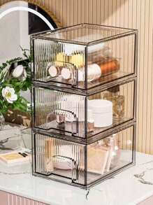 1pc Transparent Acrylic Makeup Organizer Box, Face Mask Storage Box, Stackable Dust-Proof Desktop Organizer, Jewelry Display Case. Transparent Acrylic Desktop Drawer-Style Plastic Storage Box For Storing Cosmetics And Jewelry. - Multicolor - View 2