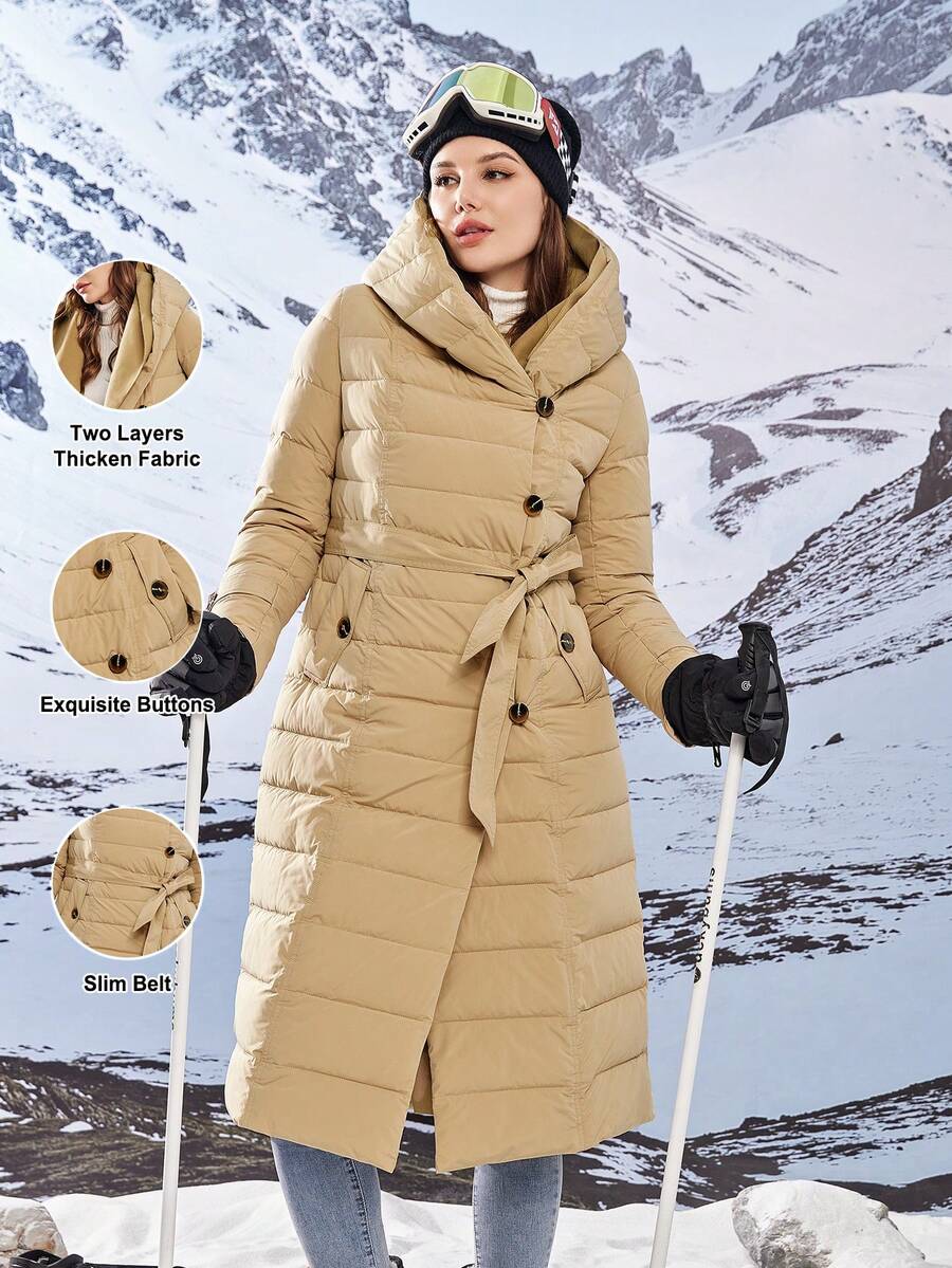 ZIAI 时尚女式连帽梭织面料绗缝大衣，中长款，带贴袋和标准袖