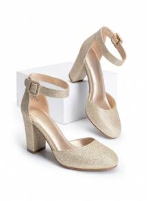 Women Ankle Strap Chunky Heel Pumps Round Toe High Heel Comfortable Elegant Wedding Party Prom Work Dress Pumps Shoes - Vàng - Xem 6
