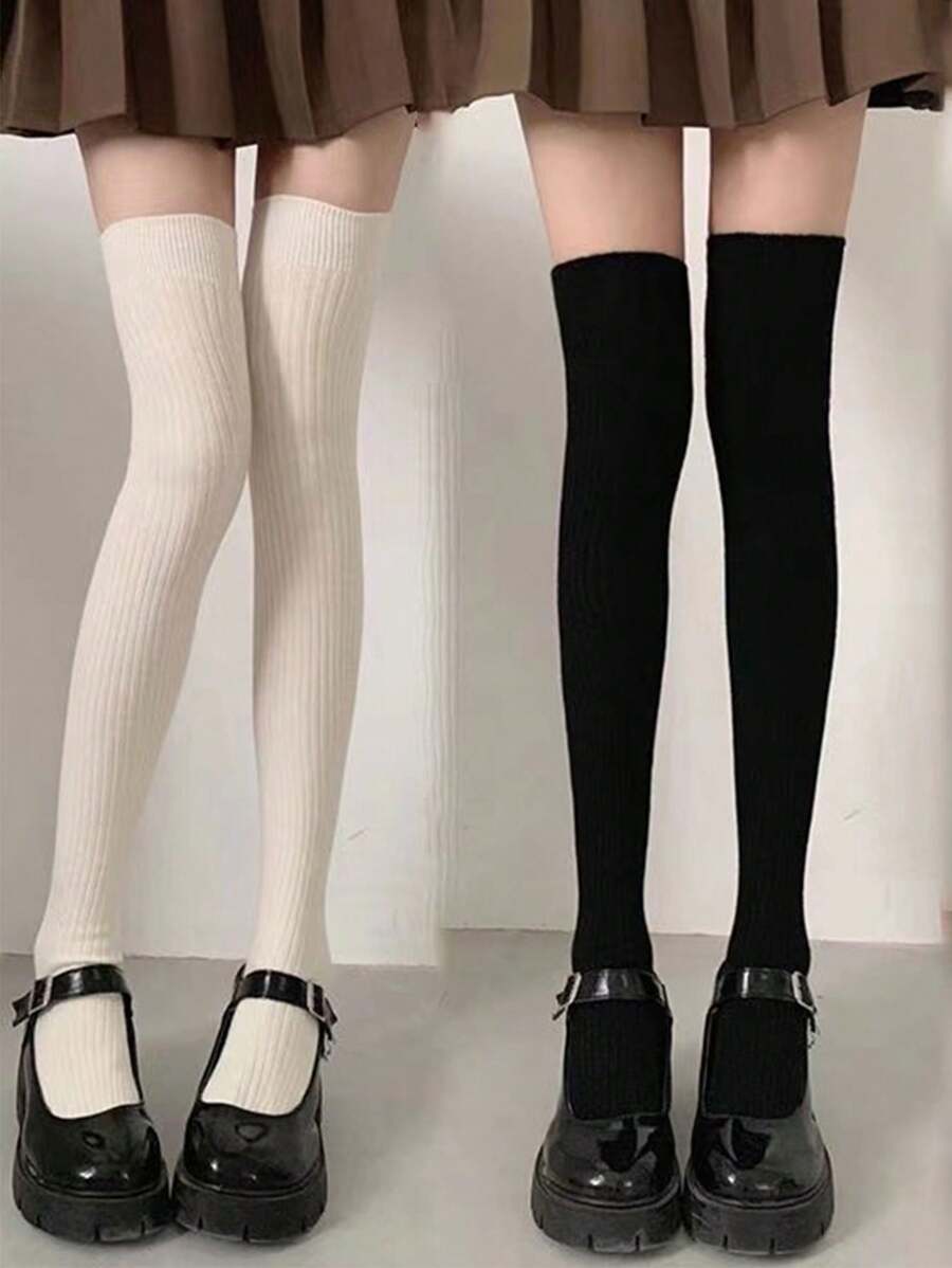 1 Pair/2 Pairs Women's Knitted Thigh High Socks, Warm Knee Socks, Fashion & Versatile For Everyday Wear, Y2k, Cozy - Multicolor - View 1