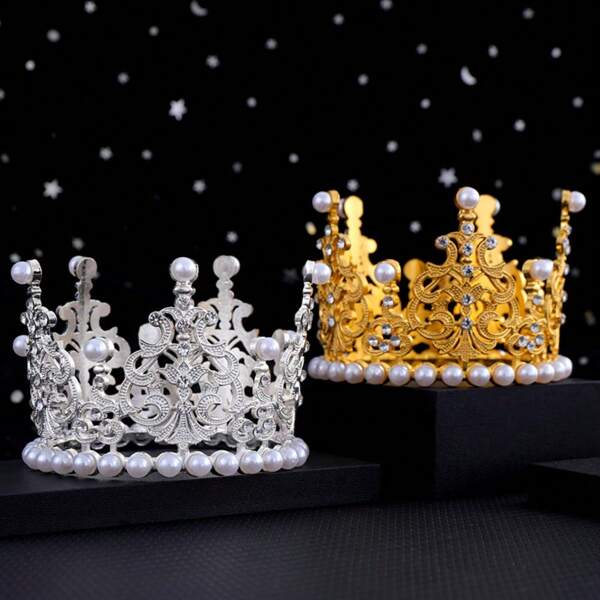 Alloy Rhinestone Pearl Wedding Birthday Party Cake Baking Decor Round Crown Accessories, Children's Birthday & Bridal Wedding Crown Tiara Hair Accessory